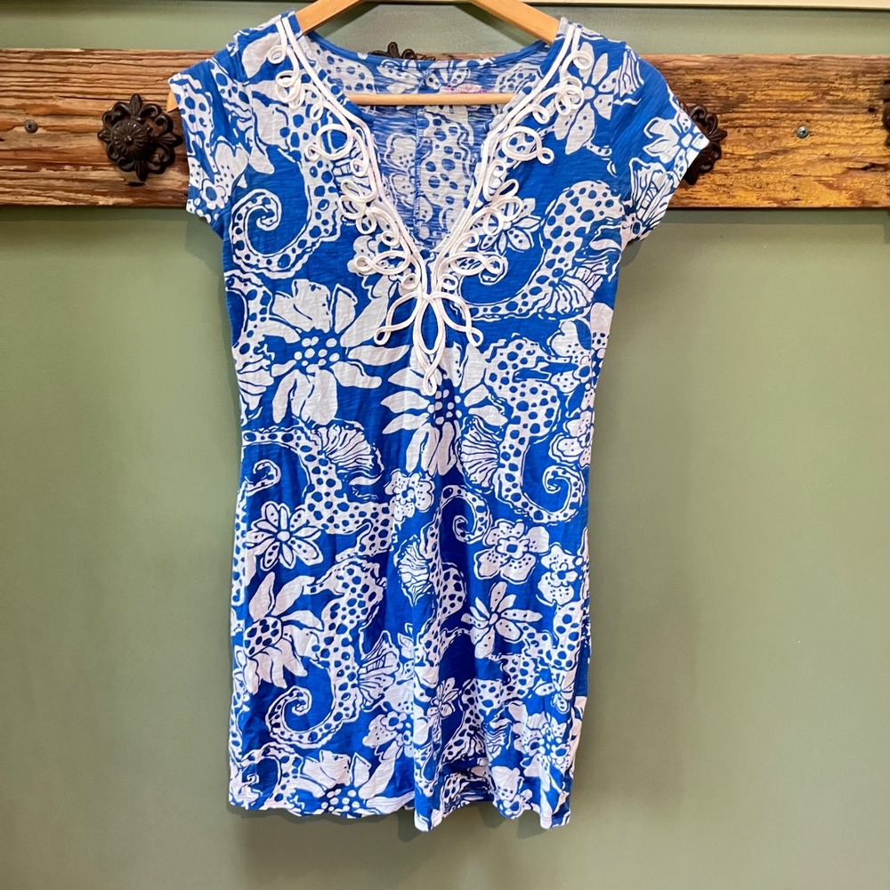 Lilly Pulitzer Blue White Seahorse Floral Soutache V-Neck Cotton Dress XS